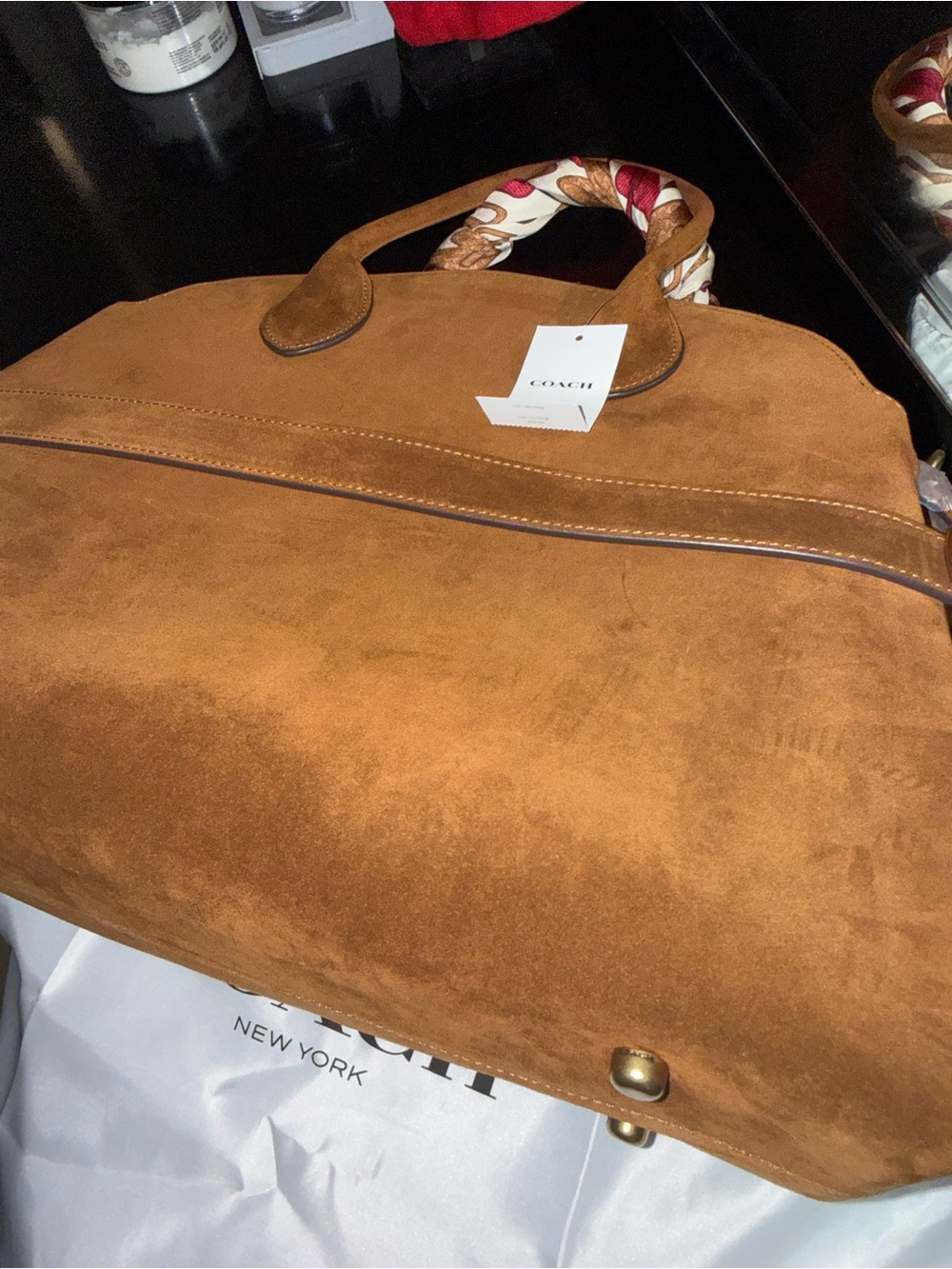 NWT Coach Suede Satchel in Chestnut with Silk-Scarf Wrapped Handles - Picture 10 of 10